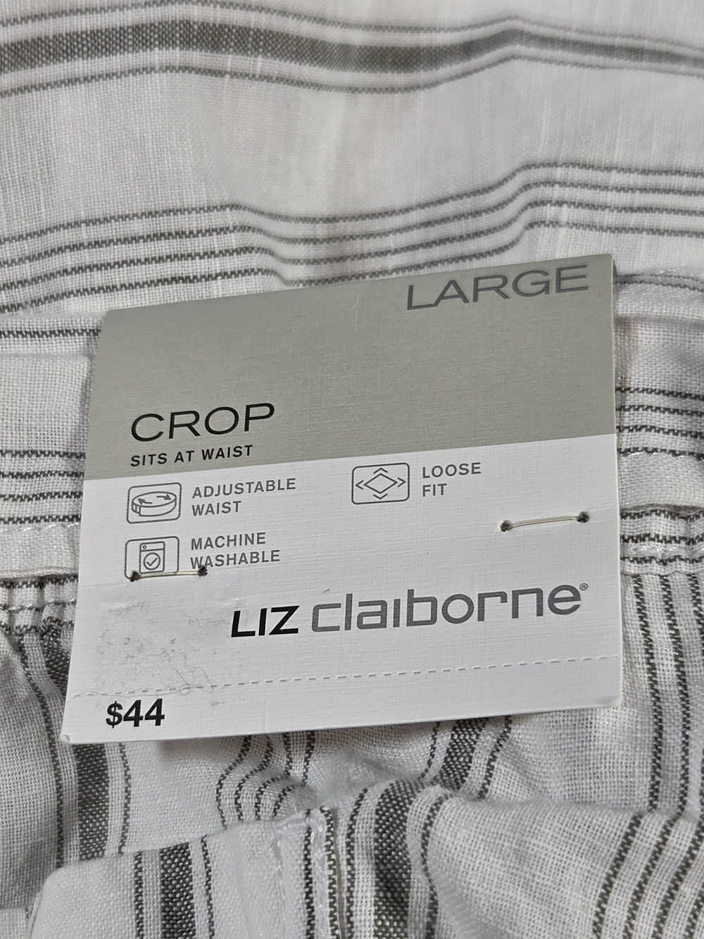 Liz Clairborne Womens L Crop Striped Paperbag Waist Wide-Leg Pants - White/Gray - Picture 4 of 11